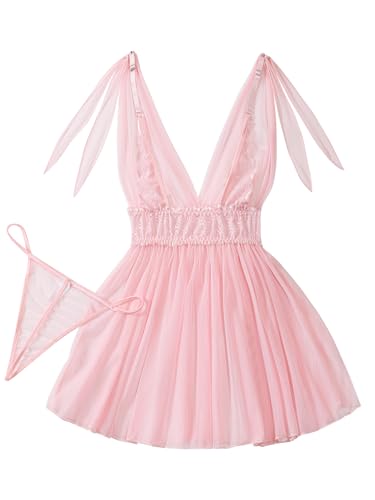 Image of Lilosy Sexy Polka Dots Mesh Sheer Lace Babydoll Chemise Lingerie Set Floral Sleep Wear