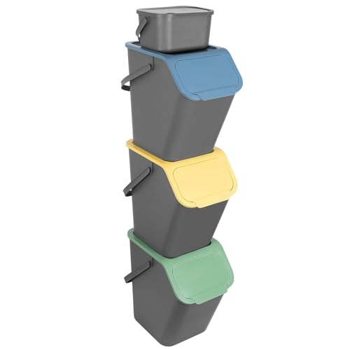 Go Practic Set de Poubelles de Cuisine Avec Couvercle, 4 Pièces: 3x 25L + 1x 4,5L de Recyclage Biodégradable, Fonction de Clic, Conteneur à Déchets, de Tri...