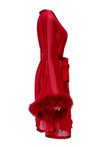 Yexinbridal Women's Feather Robe Fur Trim Silky Chiffon Sheer Sexy Illusion Lingerie Nightgown Sleepwear Bridal Wedding Day Orange L/Xl #TOP2