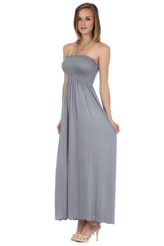 Image of Sakkas Soft Jersey Feel Solid Color Smocked Bodice String Halter Long Dress
