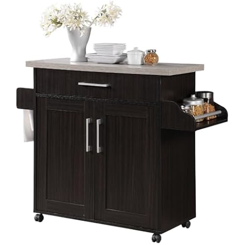 Hodedah Rolling Wood Kitchen Island Cart with Spice Rack, Towel Rack, Utensil Drawer plus Cabinet, Chocolate with Grey Top