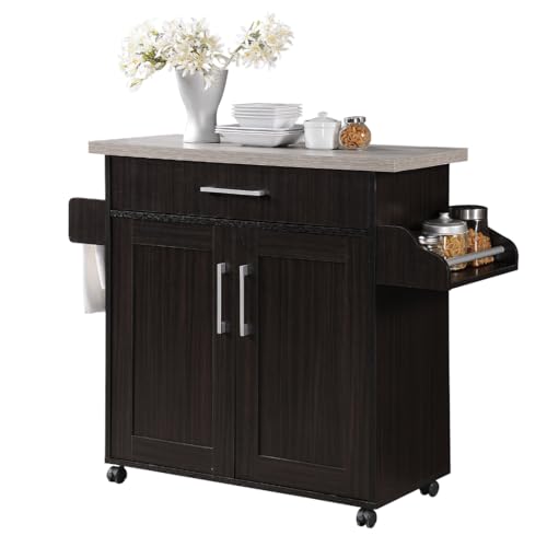 Hodedah Wood Kitchen Island Cart with Spice & Towel Racks