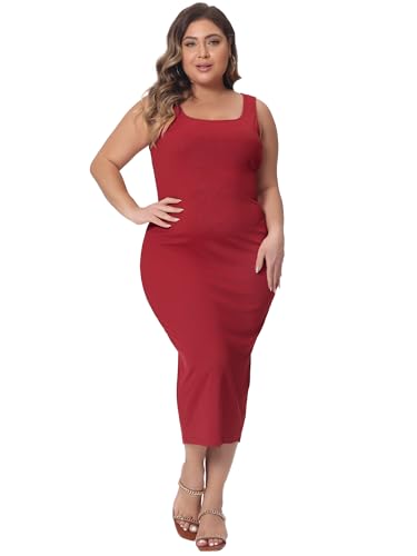 Image of Agnes Orinda Plus Size Dress for Women Summer Sleeveless Square Neck Bodycon Cocktail Sundress Sexy Midi Tank Dress