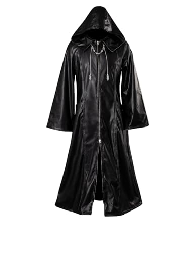 CosFantasy Mens Cosplay Long Jacket Black Leather Hooded Coat Costume for Halloween Size M