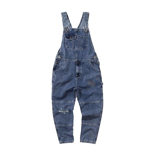 Generisch Pantalones vaqueros con peto para hombre, estilo hip hop, pantalones vaqueros de corte holgado, estilo retro, con bolsillos, azul, L