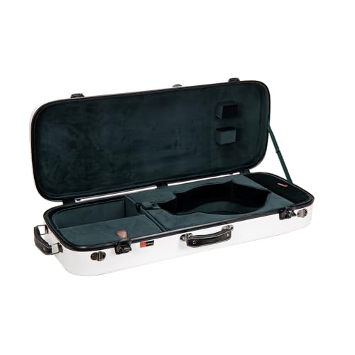 Image of Crossrock Fiberglass Mandolin Case - Oblong for F-Style (Fits Gibson F5) | Gloss White Finish, Forest Green Velvet, TSA Lock, Hygrometer, Backpack Straps - Hard Shell Pro Travel Series