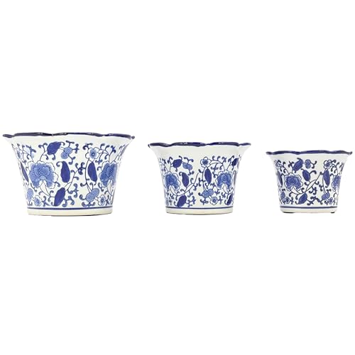 Galt International Blue & White Floral Porcelain Ceramic Decorative Flower Pot 8"/6"/4.5" Garden Pots Chinese Asian Design - Set of 3 Cylinder Fluted Edge