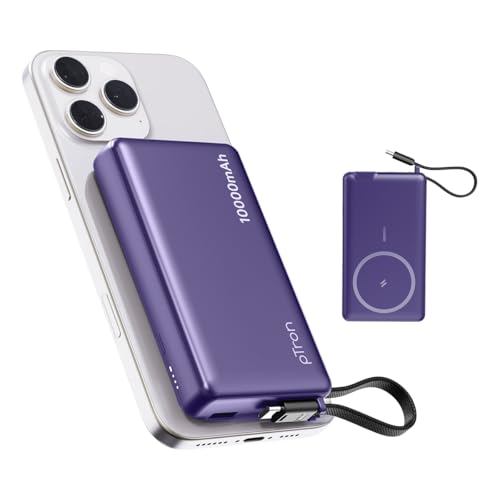 Image of pTron Dynamo Dash Magnetic Wireless 10000mAh Fast Charging Slim Power Bank, MagSafe, 22.5W Output, Compatible w /iPhone 12 /13 /14 /15 /16, Android & Other Qi Enabled Devices, Type-C Input (Purple)