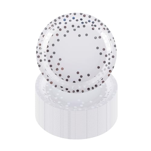 CEILIWEN Lot de 50 assiettes en carton de 18 cm – Motif à pois blancs et argentés pour mariage, anniversaires, Noël et événements, décorations de fête argentées
