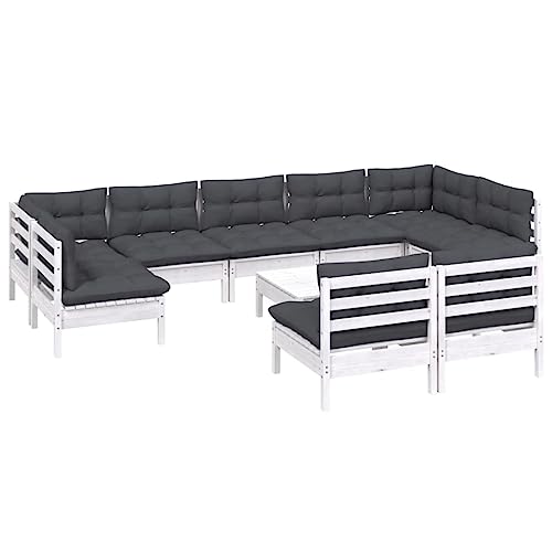 vidaXL 10-TLG. Garten-Lounge-Set mit Kissen Weiß Kiefer Massivholz