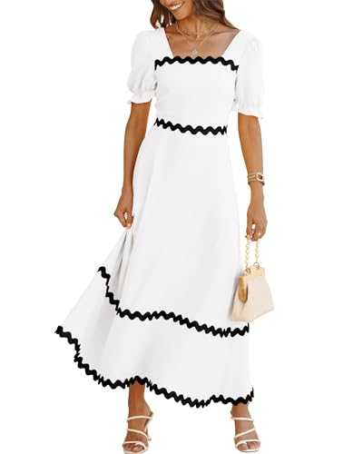 Image of BTFBM Women 2025 Summer Square Neck Short Puff Sleeve Dress Casual RIic Rac Tie Back Smocked Wedding Guest Maxi Dresses