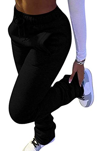 Women's Stacked Pants Fleece Lined Sweatpants High Waist Warm Athletic Joggers Ruched Lounge Pants