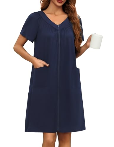 Image of Ekouaer Women Robe Zipper Front Mumu Duster Robes Zip Up Housecoat Soft Sleepwear with Pockets