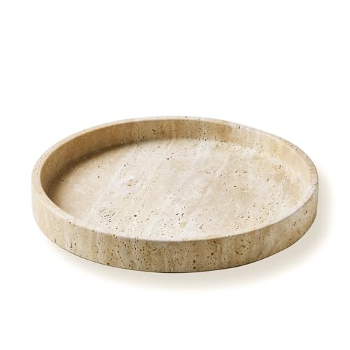 MAGPER HOME Natural Travertine Marble Vanity Tray for Bathroom,Kitchen, Dresser, Counter, Home Decor Round Stone Decorative Tray for Candles, Perfumes, Jewelry, Plants,Organiser Dish Beige