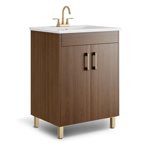 phiestina 24 Inch Walnut Small Bathroom Vanity, Fully Pre-Assembled Bathroom Storage Vanity with Ceramic Sink, 2 Soft Close Doors, Faucet Not Included, BV01-WALNUT-JH