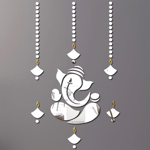 Image of Bikri Kendra - ganpati with 10 Diya and 100 dots Mirror for wall, Acrylic Mirror, 3D Stickers, wall Stickers for Room Hall Home and Office (Silver)