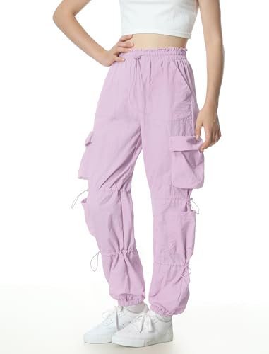 Image of EXARUS Girls Parachute Pants Cargo Hip Hop Wide Leg Baggy Y2K Teen | Tween Casual School Dance Streetwear with Pockets Elastic Waist Youth Junior Kids Bottoms Hiking 8-14Y