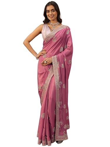 Image of Libas Embroidered Satin Saree for Women With Unstitched Blouse Piece | Traditional Saree for Party & Wedding