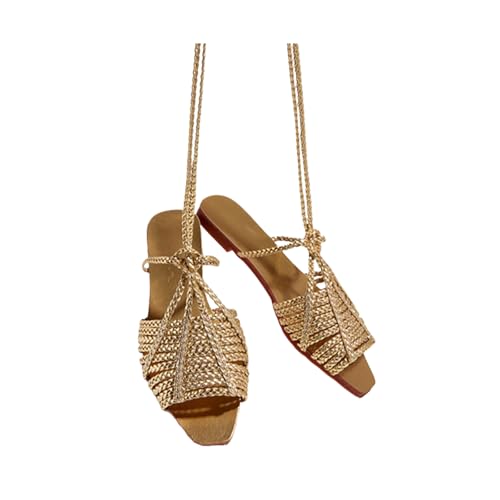 Women's Gold Cross Braided Strap Flat Fish Mouth Roman Sandals Summer Square Toe Sexy Adjust Lace Up Comfortable Soft Sole Boho Sandals Suitable for Party Dress Beach