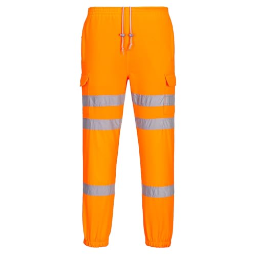Portwest RT48 Men's Hi Vis Three Band Work Joggers - Reflective High Viz Outdoor Safety Workwear Jogging Bottoms, Orange, XL