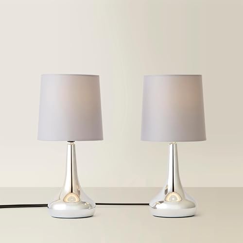 MiniSun | Modern Chrome Teardrop Touch Table Lamps with Grey Fabric Shades | Table Lamps, Home Décor & Improvement Essential | Set of 2