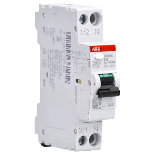 ABB DS301C C16 A30 RCBO – FI/LS-Schalter 16 A, 30 mA, 6 kA, C-Charakteristik, Typ A, 1P+N, 1 Teilungseinheit, Kombischalter für Hutschiene 2CSR255163R1164