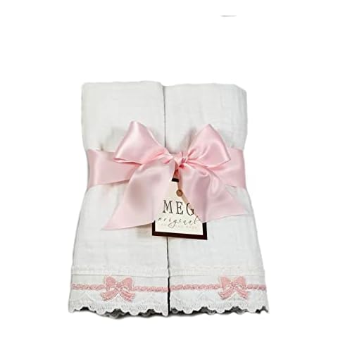 MEG ORIGINAL Baby Burp Cloth Set - Heirloom Collection - Handmade in The USA (Pink Bows on Cotton (2)) Cover