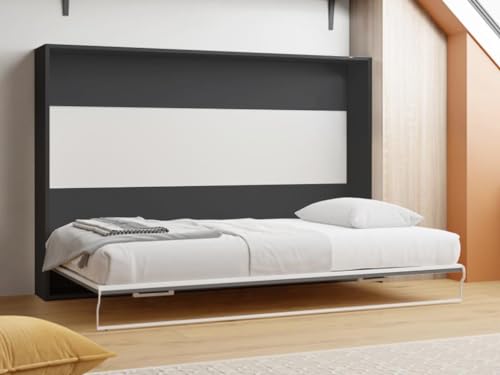 Vente-unique-Cama abatible 140 x 200 cm - Apertura Horizontal Manual - Antracita y Natural + Colchón - Malina II