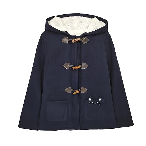 HIMI HIMIFASHION Abrigo de lana cálido para niñas adolescentes, con bolsillos bordados de gato, botones de cuerno, forro polar, casual, con capucha, azul marino, L