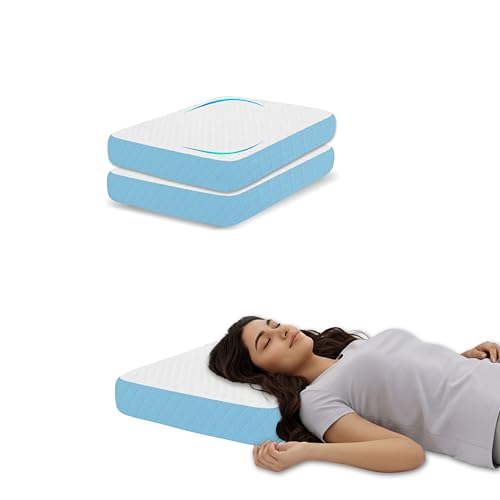 Image of Memory Foam Pillow Set of 2, High Density Cervical Support for Neck Pain, 50x30x6 cm, Luxury Breathable Outer Cover, Orthopedic Bedding for Side Sleeper, White /Sky