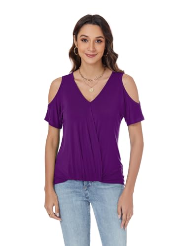 LEIYEE Womens Summer Cold Shoulder Tops Sexy Casual Short Sleeve V Neck Cute Front Knot Ruched Shirred T Shirt Blouse2