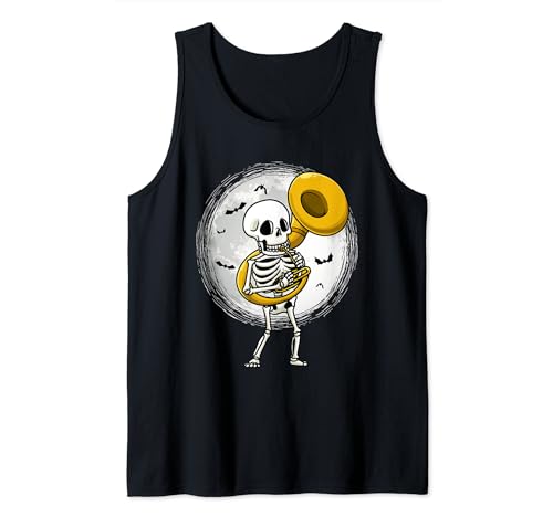 Esqueleto tocando sousaphone Tuba Instrumento Halloween Band Camiseta sin Mangas