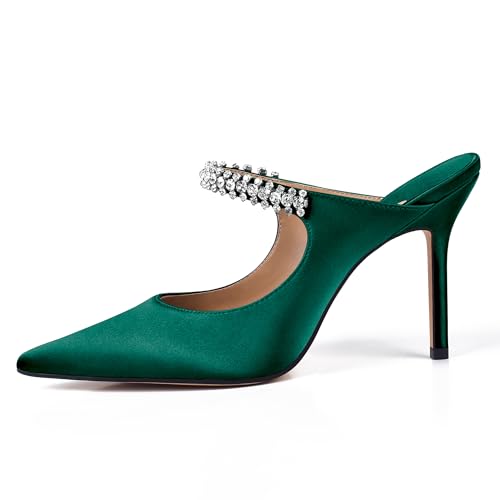 XINIUNIU Satin Heels for Women Rhinestone Emerald Green Mule Heels