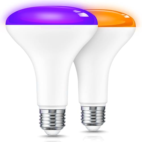 Image of L LOHAS LED Orange and Purple Halloween Light Bulbs, 11Watt Light Bulbs E26 | LED BR30 Flood Light Bulbs Indoor 65W Equivalent, Halloween Colored Indoor Porch Light E26, Party Holiday Decor, 2 Pack