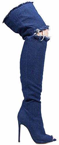 Liliana Barbara-13 Thigh High Over Knee Denim Open Toe Stiletto Heel Boot Dark Blue 10