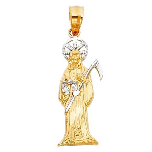 JewelryWeb - 14k Two-tone Gold Santa Muerte Pendant - 8x30mm - Mexican Saint of Death - Good Luck Talisman - Real 14k Gold