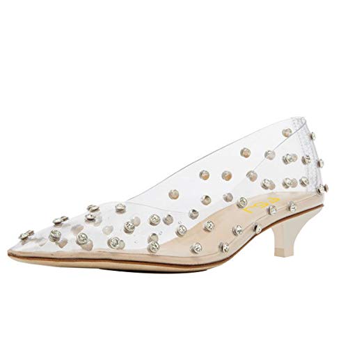 FSJ Women Fashion Transparent Clear Pumps Kitten Low Heels Studded Rhinestones Studs Slip On Bridal Party Dress Shoes Size 4-15 US