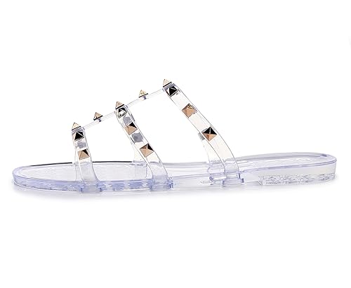 Image of Women Flats Sandals, Studded Jelly Shoes Size 9 Red Dressy Summer Beach Rivets Strappy Jellies Slide Slip On Open Toes
