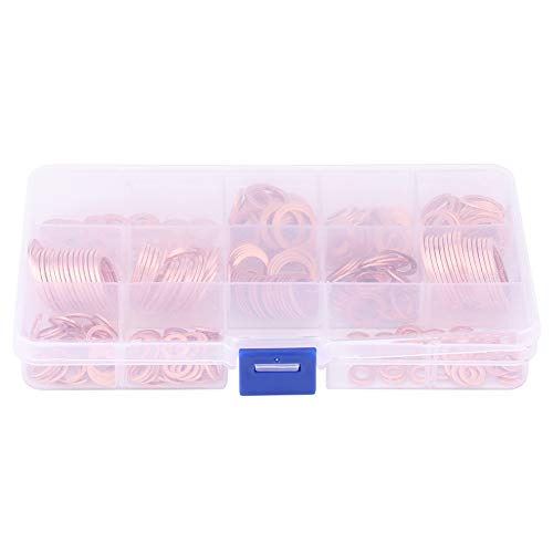 Copper Washer Set, 280 Pieces, 12 Sizes, Solid Flat Ring Gasket Fastener, Copper Sealing Ring for Automobile Pump, 1083 Melting Point