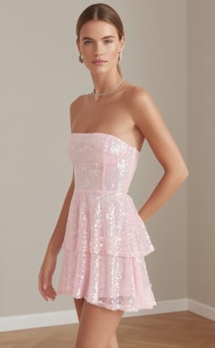 Strapless Homecoming Dresses for Teens Short Sparkly Sequin Tiered Prom Dress Ruffle Cocktail Party Gown for Women4