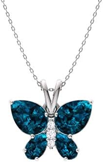 Diamondere Natural and Certified London Blue Topaz and Diamond Butterfly Petite Necklace in 14k White Gold | 1.11 Carat Pendant with Chain
