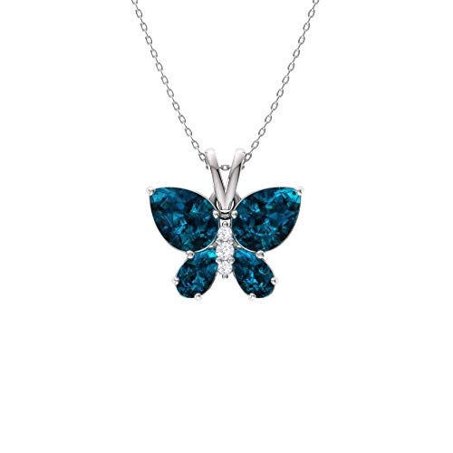 Diamondere Natural And Certified London Blue Topaz And Diamond Butterfly Petite Necklace In 14K White Gold | 1.11 Carat Pendant With Chain #TOP11