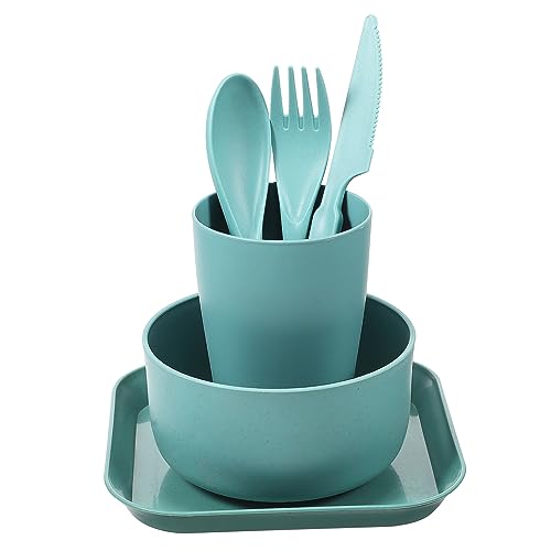 BESPORTBLE Set Unbreakable Wheatstraw Dinnerware Set for Adults Plate and Bowl Sets Straw Bowl Cutlery Set