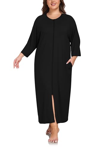 VOGMATE Morgenmantel Damen Große Größen Dünner Frottee Lang Leichter Bademantel mit Reißverschluss Kuschelig Übergröße Hausmantel Bathrobe for...
