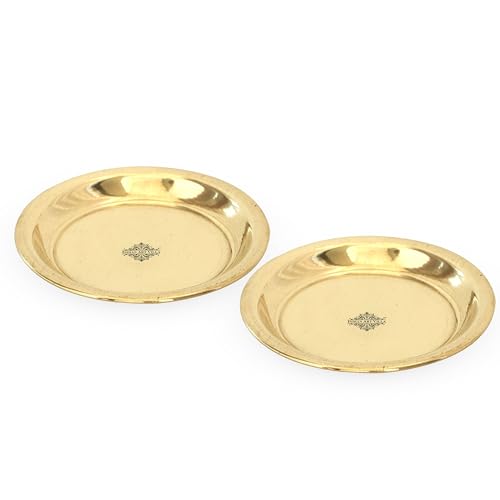 INDIAN ART VILLA Brass Pooja Thali, Spiritual Decor for Your Home and Temple, Dia -2.9 inch (Pack of 2)