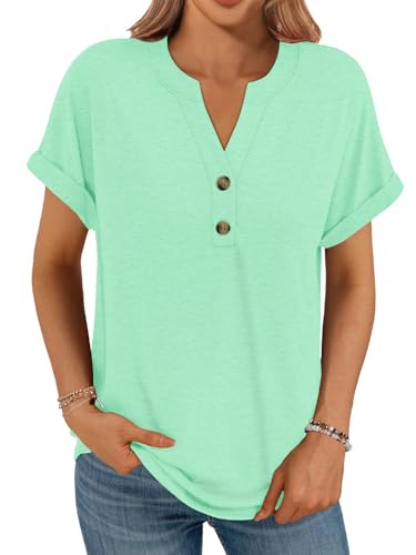 Cuptacc Top Damen Tiefer V-Kragen T-Shirts Slim Fit Modische Oberteile Damen Volltonfarbe Damen Bluse Kurzarm Mintgrün XXL