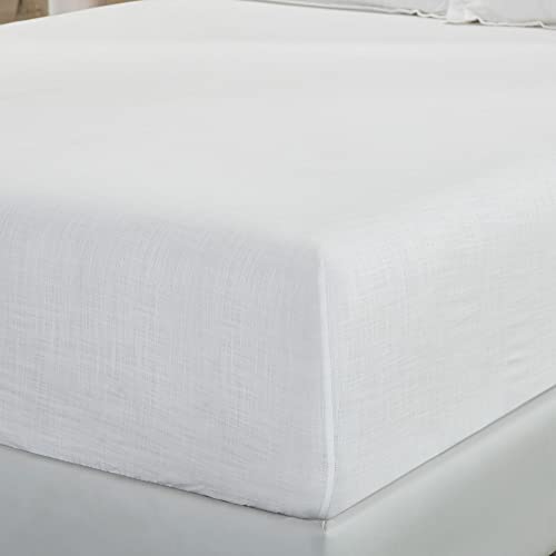 Image of TRIDENT Namaste King Size Solid Fitted Bedsheet Set- 100% Cotton- 3-Piece Sheet Set with 2 Pillowcases-Superior Softness- 150 TC-Fitted bedsheet- Linen Look- Sustainable (Cloud Dancer)