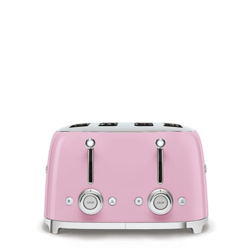 Image of SMEG 4 Slice Toaster TSF03, Retro Stainless-Steel Toaster with Wide Slots for Bagels, 6 Browning Levels, Defrost Reheat Bagel Functions, Dual Controls, Crumb Trays, 1800W - TSF03PKUS - Pink