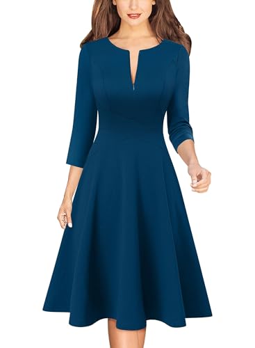 Image of VFSHOW Womens Work Business Front Zipper A-Line Dresses 3 /4 Sleeve Office Church Fit and Flare Skater Swing Knee Length Dress