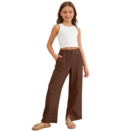 Image of Girls Linen Pants Wide Leg School Uniform Pants Cozy Elastic Waist Summer Casual Beach Lounge Trousers with Pockets